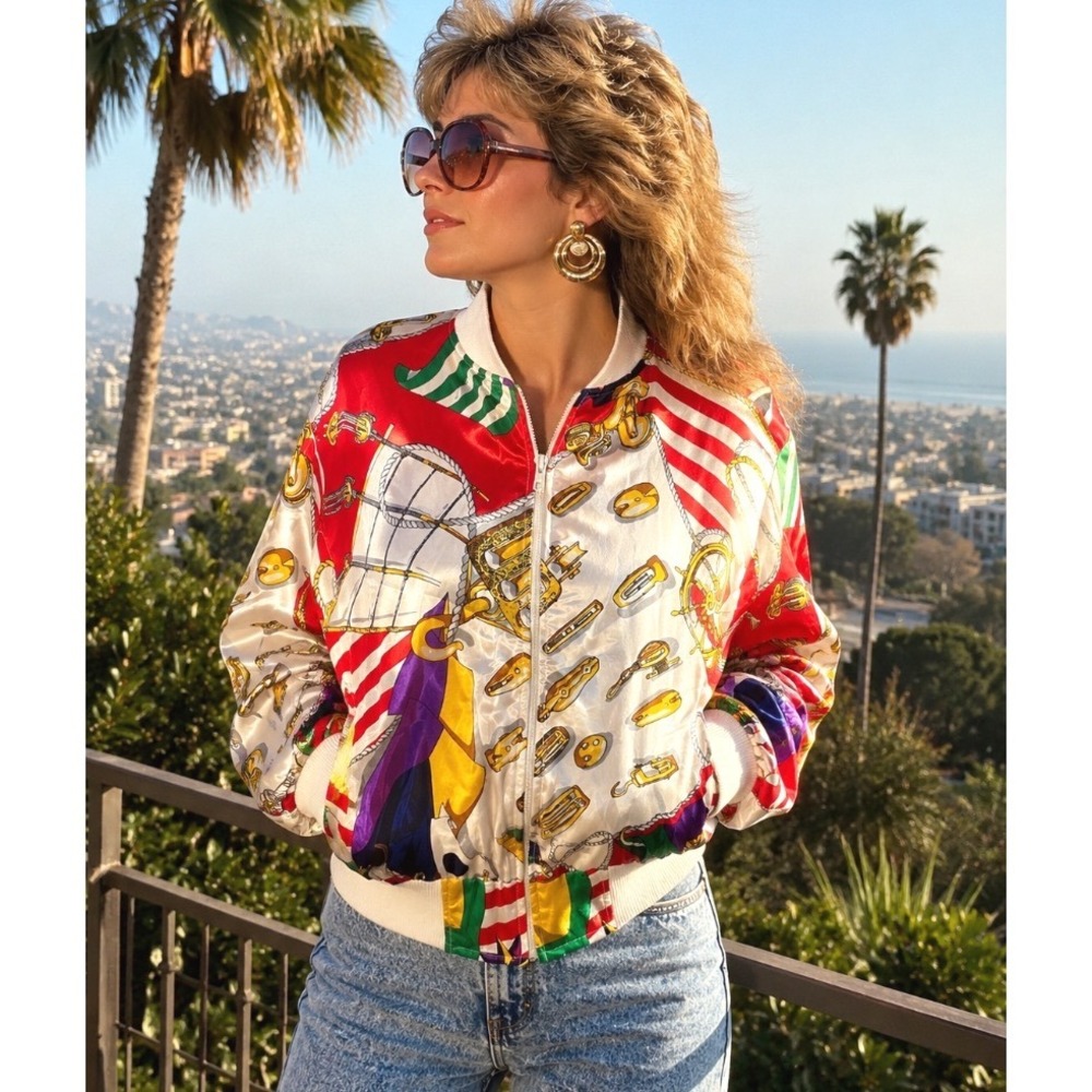 Vtg 80's‎ jemma XL Nautical Scarf Print Bomber Jacket Satin Maritime Flags